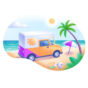 A delivery car parked on a sandy beach, the car's body painted in a bright, cheerful color. The sun is shining brightly, casting warm light across the scene. In the background, there are gentle waves lapping against the shore, creating a rhythmic pattern. A few palm trees sway slightly in the ocean breeze, adding to the tropical atmosphere. The sky is a clear blue, with a few fluffy white clouds scattered. There are beach towels and an umbrella set up nearby, completing the beach scene.