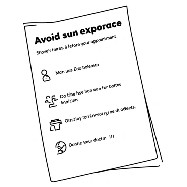 A minimalistic drawing of a printed guide titled "Pre-Treatment Instructions for Laser Hair Removal Clients". The guide features clear headings and bullet points outlining important instructions. Prominent text includes "Avoid sun exposure" at the top, followed by a list containing "Shave the area 24 hours before your appointment", "Do not use tanning lotions", and "Consult your doctor if you have any skin conditions". The layout is organized with simple lines and icons representing each instruction, ensuring clarity and easy understanding.
