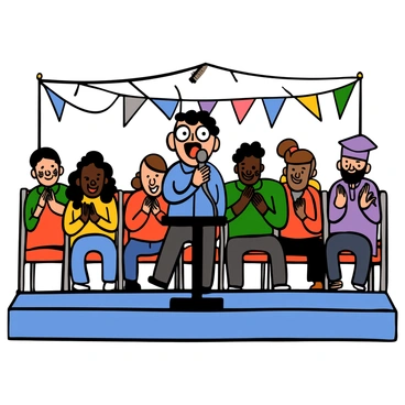 A group of students sitting in a school auditorium during an assembly. In the foreground, a light-skinned boy with big eyes and short black hair is standing on stage, passionately shouting a speech into a microphone. He is wearing a blue shirt and dark jeans. Behind him, other students of various ethnicities are sitting in rows, some clapping and others looking attentive. The auditorium is decorated with colorful banners and there is a podium in front of the boy.