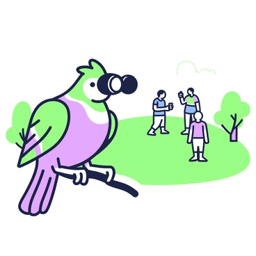 A bird is perched on a branch, looking through a pair of binoculars towards a small group of humans in the distance. The binoculars are positioned in front of the bird’s eyes, with the body of the binoculars clearly visible. The humans are standing on a grassy field, engaged in conversation. One person is wearing a blue shirt and another is holding a drink while laughing. The background features trees and a clear sky, framing the scene. The bird's feathers are slightly ruffled, indicating a gentle breeze.