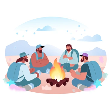 A group of explorers is gathered around a campfire made of koffers in a vast desert. The explorers are dressed in rugged outdoor gear, with some wearing hats and bandanas, while others have backpacks resting beside them. The flickering flames of the campfire cast warm light on their faces as they engage in conversation. Soft sand dunes can be seen in the background, with sparse vegetation scattered across the arid landscape. A starry night sky stretches above them, adding to the serene atmosphere of their desert campsite.
