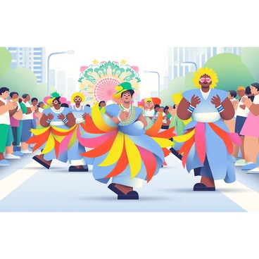 A lively carnival parade is taking place on a sunlit street. The scene is filled with dancers wearing vibrant, feathered costumes in bright shades of blue, yellow, and red. Some costumes have long, flowing feathers that ripple as the dancers move. The dancers are in dynamic poses, showcasing their rhythmic movements, and their faces are adorned with colorful face paint. In the background, there are large floats decorated with flowers and streamers. Onlookers line the sides of the street, clapping and cheering as the parade progresses, creating an atmosphere of excitement and joy.
