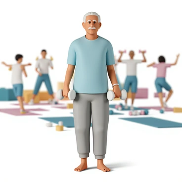 An elderly person, wearing a light blue t-shirt and gray sweatpants, is participating in a fitness class. They are standing upright, holding a pair of light dumbbells in each hand, with arms extended in front, performing front raises. Their face shows concentration and determination. Other class members can be seen in the background, each engaged in various exercises, creating an atmosphere of activity and fitness. The setting features bright, inviting colors, with exercise mats and fitness equipment scattered around the room.