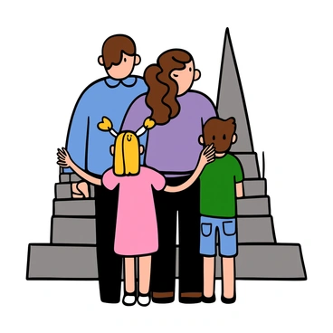 A family of four standing closely together in front of a memorial site. The family includes a light-skinned father with short brown hair, wearing a blue shirt and dark jeans, a light-skinned mother with long wavy hair, wearing a purple sweater and black pants, a young girl with big eyes and blonde hair in pigtails, wearing a pink dress, and a young boy with big eyes and brown hair, wearing a green t-shirt and denim shorts. They are all looking towards the memorial, with the parents gently holding each other and the children leaning against them, showing a sense of closeness and reflection.