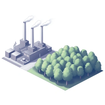 An industrial factory stands prominently on one side of the scene, featuring large smokestacks emitting wisps of smoke into the air. The factory has a series of metal structures, pipes, and tall machinery visible. On the opposite side, a lush green forest stretches expansively, filled with dense trees, thick foliage, and underbrush. The contrast between the harsh lines of the factory and the organic shapes of the forest creates a striking visual dynamic. A dirt path runs along the boundary separating the two environments.