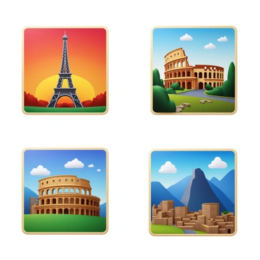 A series of vintage travel posters with illustrated scenes of famous landmarks