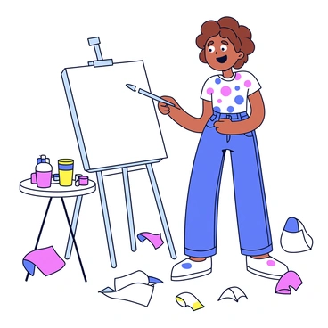 An artist with curly brown hair stands in front of an easel. The artist is wearing a paint-splattered shirt and jeans. Around the artist are numerous crumpled papers scattered on the floor, some partially rolled up. The artist's eyes are wide with excitement as they gaze at a blank canvas. In their hand, they hold a paintbrush poised to create. A small table beside the easel holds various paint tubes and a palette with vibrant colors. The light from a nearby window illuminates the scene, highlighting the artist's focused expression and the chaos of creativity.