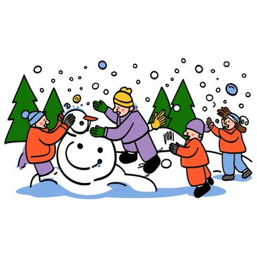 Kids building a snowman and having snowball fights illustrated in a cheerful comic strip.