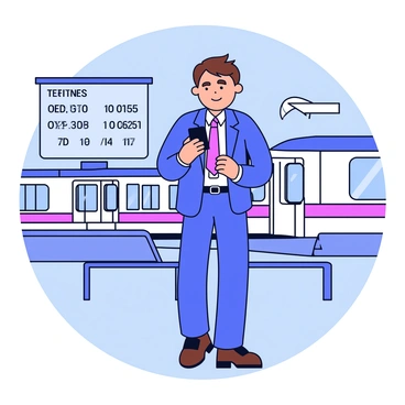 A broker stands on a platform at a train station, wearing a business suit and a tie. He has short, neatly styled hair and is focused on reading market data displayed on his smartphone. The train station has a few benches and a digital departure board showing train times in the background. A train can be seen approaching in the distance, creating a sense of movement. The broker holds the smartphone with one hand and checks his watch with the other hand, indicating he is mindful of time.