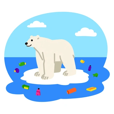 A large white polar bear standing on a small ice floe. The bear has thick fur and strong limbs, looking curiously at its surroundings. The ice floe is surrounded by various pieces of colorful plastic waste, including bottles, bags, and wrappers, floating on the blue ocean water. The sky above is clear with a few fluffy white clouds scattered across, creating a stark contrast between the bear, the ice, and the plastic debris. The scene conveys the bear's isolation in its natural habitat.