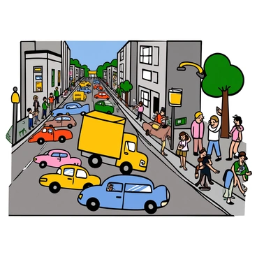 A bustling city street scene filled with various vehicles and pedestrians. A bright yellow delivery truck is prominently positioned among the traffic, catching attention as it makes its way down the road. Surrounding the truck are cars in different colors and sizes, and people walking on the sidewalks, some looking at their phones while others chat. There are tall buildings lining the street, with shop signs visible and greenery from nearby trees peeking through the urban landscape. Bright sunlight illuminates the scene, enhancing the lively atmosphere.