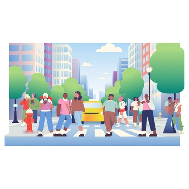 A bustling city street is depicted with numerous buildings lining both sides. People of diverse backgrounds are walking along the sidewalk, some chatting while others are on their phones. In the foreground, a bright red fire hydrant stands out against the concrete pavement. To the right, a yellow taxi cab is parked, with a few pedestrians waiting to cross the street. Green trees are interspersed along the sidewalks, adding a splash of color to the urban scene. A blue sky with a few fluffy clouds is visible overhead, completing the lively city atmosphere.