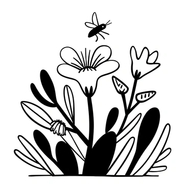 A close-up view of a "flower" with intricate petals and delicate structures, with a "busy insect" hovering above it, displaying its wings and antennae. Surrounding the flower are various "fynbos plants" with unique shapes and textures, showcasing a rich diversity of flora. The background features an array of "green leaves" and additional flowers, enhancing the lushness of the fynbos environment. The scene captures the dynamic interaction between the flower and the insect in this vibrant ecosystem.