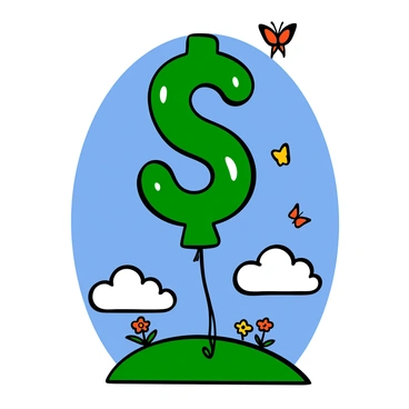A balloon shaped like a dollar sign floating away into the sky