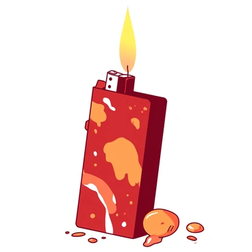 A red lighter is positioned upright against a white background. The lighter features vibrant paint splashes in various shades of orange, covering its surface in an abstract pattern. Small droplets of paint are scattered around the lighter, enhancing the sense of creative energy. The lighter's flame is ignited, casting a small glow above it, while the paint splashes appear to dance around the lighter, emphasizing its whimsical nature.