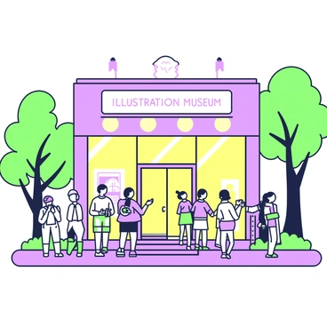 The exterior of an illustration museum is visible at night. The building features large glass windows reflecting the warm lights from inside. A group of people stands in front of the entrance, some looking at a poster displayed outside. Others are engaged in conversation, while a couple of individuals are taking photographs. Trees with green leaves surround the building, adding to the lively atmosphere. Above the entrance, a sign with the museum's name is prominently displayed, softly glowing in the warm light.