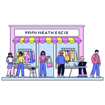 A trendy pop-up store with a sleek design, featuring large glass windows and a vibrant, colorful awning. The storefront displays the brand's new line of clothing, neatly arranged on stylish racks. Inside the store, bright lighting highlights the clothing, which includes modern patterns and fabrics. A few shoppers can be seen browsing through the selection, while a friendly staff member assists a customer. The busy street outside is filled with pedestrians and small café tables with people enjoying their drinks.