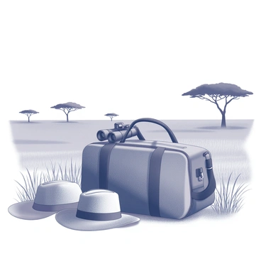 A travel bag is positioned in the foreground, showcasing various safari gear. There are binoculars resting on top of the bag and a wide-brimmed hat placed nearby. In the background, a vast savanna landscape stretches out, featuring tall grasses swaying gently in the breeze. A few acacia trees are scattered across the horizon, providing a sense of scale and depth to the scene. The sky above is open and expansive, adding to the natural feel of the environment.