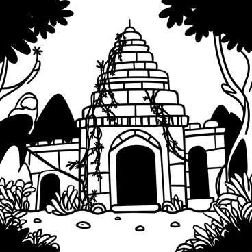 An ancient temple with detailed carvings on its stone façade rising majestically. The temple is partially covered by vines and moss, showcasing its age and history. Lush greenery envelops the structure, with various plants and trees creating a natural frame around it. The ground is scattered with small stones and fallen leaves, enhancing the sense of an untouched, forgotten world. Sunlight filters through the foliage, casting intricate shadows on the temple walls.