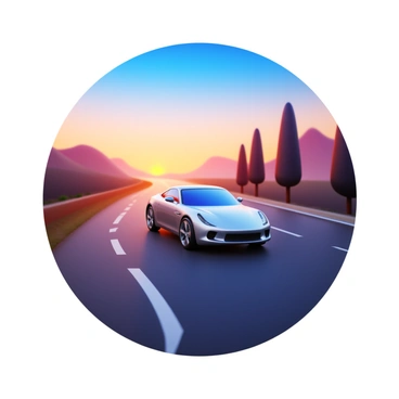 A sleek car driving away on a winding road. The car is silver with a shiny finish, reflecting the soft hues of dawn. The sky is transitioning from deep blue to warm shades of orange and pink. The first light of day touches the asphalt, creating glistening patches. A few trees line the side of the road, their silhouettes standing against the horizon. The atmosphere conveys a sense of early morning tranquility.