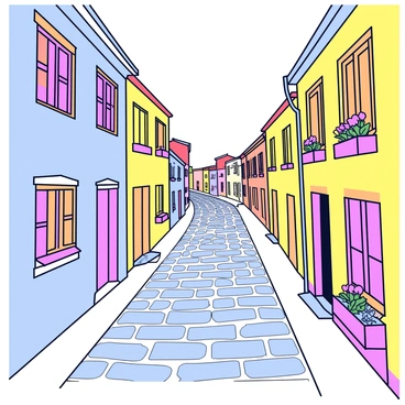 Charming cobblestone streets of Annecy's old town weave through a quaint village setting. The streets are narrow and paved with uneven cobblestones. Flanking the streets are colorful houses with painted façades in shades of pastel blue, yellow, and pink. Each house features wooden shutters and flower boxes overflowing with blooming plants. Small balconies adorned with decorative iron railings add to the charm of the scene. The soft sunlight casts gentle shadows, highlighting the textures of the cobblestones and the vibrant colors of the houses.