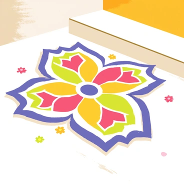 A colorful rangoli pattern made with a variety of colored powders is spread out on a doorstep. The design features intricate geometric shapes and floral motifs, using bright colors such as red, yellow, green, blue, and white. The colored powders are arranged in symmetrical patterns that radiate from the center of the design. The doorstep is a simple, smooth surface, contrasting with the vibrant colors of the rangoli. Small decorative elements, like tiny flower petals, are scattered around the edges of the rangoli, enhancing the festive appearance.