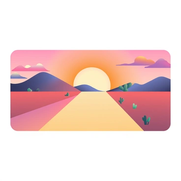 A solitary dirt road stretches into the vast desert landscape under a vibrant sunset. The sky is filled with hues of orange, pink, and purple, blending together as the sun descends on the horizon. Soft sand dunes rise on either side of the road, their curves illuminated by the fading light. Sparse vegetation, including small cacti and dry shrubs, is scattered along the edges of the road. The scene conveys a sense of tranquility and seclusion, inviting viewers to imagine the journey ahead.