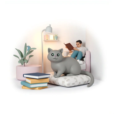 A fluffy gray cat with bright green eyes is sitting comfortably in a cozy corner of a room. The cat is perched on a soft, patterned cushion, its tail curled around its body. Next to the cat, there is a stack of colorful children's books. A warm glow from a nearby lamp casts gentle light over the scene. In the background, a person is sitting in a plush armchair, animatedly reading a story aloud, with an open book resting on their lap. The room is decorated with a few potted plants and shelves filled with more books, creating a welcoming atmosphere.