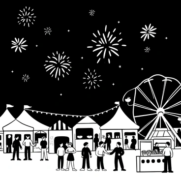 A black-and-white illustration showing a night sky filled with fireworks bursting in various shapes and patterns above a lively summer fair. Below, there are several colorful tents and stalls, with people milling about, enjoying the atmosphere. There is a large Ferris wheel with its carriages outlined against the illuminated sky. Strings of lights hang between the tents, adding to the festive ambiance. In the foreground, a group of people is gathered around a food stall, with vendors serving snacks.