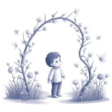 A child standing at the entrance of a hidden garden. The child has a look of curiosity and wonder on their face as they gaze into the garden. All around, there are various flowers with intricate petals, some tall and some small, with detailed textures and shapes. Tiny fairies are depicted fluttering around the flowers, with delicate wings that are visible in motion. The scene includes soft grass underfoot and an archway formed by intertwining branches, creating a whimsical entrance to the garden. The overall atmosphere suggests a moment of discovery in a special place.