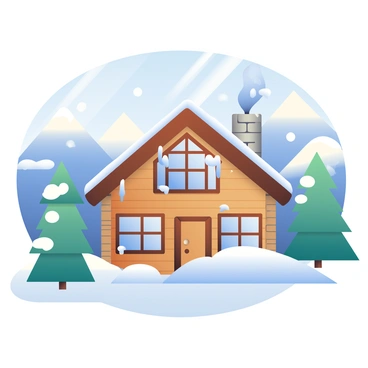 A cozy wooden cabin is nestled among the snowy mountains. The cabin has a warm, inviting appearance with large windows framed in dark wood. Smoke is rising gently from the stone chimney, curling into the crisp, clear blue sky. Snow blankets the ground, and a few evergreen trees with snow-covered branches surround the cabin. Icicles hang from the eaves, glistening in the sunlight that sparkles across the snowy landscape.