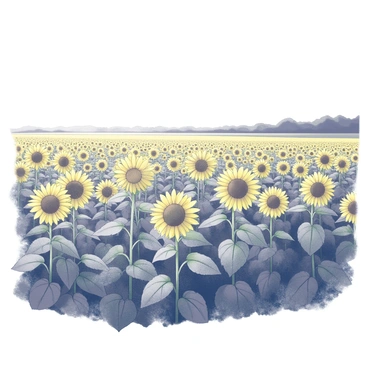 A vast field filled with numerous sunflowers, their tall green stems supporting large, round yellow blooms. The flowers are facing towards the sun, creating a uniform appearance across the landscape. In the distance, the sunflowers stretch all the way to the horizon, where they meet a clear, unclouded sky. The ground is covered with lush, green foliage, offering a vibrant contrast to the yellow petals of the sunflowers. Gentle breezes cause the flowers to sway slightly, adding a sense of movement to the scene.