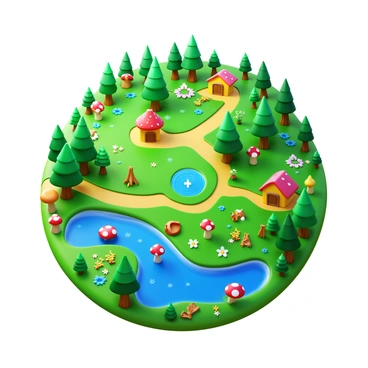 A whimsical map featuring various habitats of forest creatures. The map includes areas marked with icons representing "gnomes," "fairies," and "elves." Each habitat is illustrated with distinct features, such as lush green forests with mushroom houses for gnomes, sparkling streams with flower-dwelling fairies, and enchanted glades with tree houses for elves. The landscape is dotted with colorful flora and playful animals. Pathways meander through the different regions, leading from one habitat to another. The overall design is vibrant and inviting.