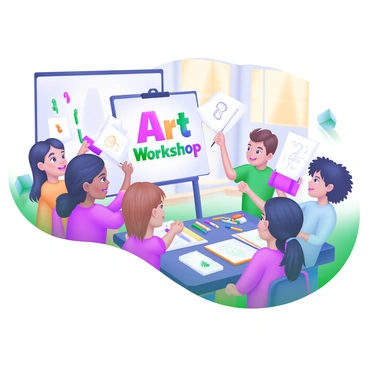 A modern pastel illustration depicting a group of children standing in a circle, each holding up their drawings. The children, diverse in appearance, are engaged in a friendly critique session. Some children have excited expressions, while others are thoughtfully looking at the artwork. In the center, a large poster board displays a colorful banner with the words "Art Workshop" written in playful letters. Surrounding the children are art supplies like crayons, colored pencils, and sketchbooks neatly arranged on a table. The background features a bright and cheerful classroom setting with decorated walls and sunlight streaming through the windows.
