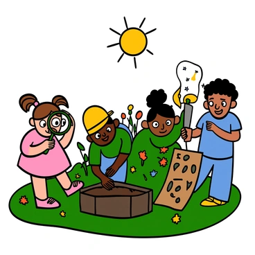 A group of four children of various skin tones enthusiastically searching for treasures in a backyard filled with grass and colorful flowers. One child is a light-skinned girl with big eyes and pigtails, holding a magnifying glass close to the ground. Another is a dark-skinned boy with big eyes wearing a bright yellow cap, digging in a small sandbox with his hands. A medium-skinned girl with big eyes and a green shirt is peeking behind a bush, while a light-skinned boy with big eyes and a blue t-shirt is holding a treasure map and looking around excitedly. The sun is shining brightly, adding a cheerful atmosphere to the scene.