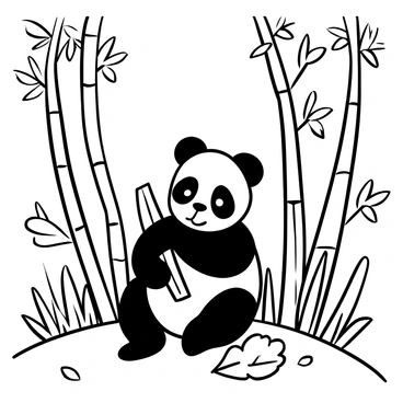 A baby panda sitting on a patch of grass, holding a bamboo shoot with both paws. The panda is surrounded by tall bamboo stalks and various leafy plants. The forest is dense, with detailed textures of leaves and branches creating a natural backdrop. A few fallen bamboo leaves are scattered around the ground, adding to the forest atmosphere.