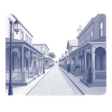 A quaint southern town with narrow cobblestone streets. The streets are lined with historical buildings featuring distinctive architecture, including porches with rocking chairs and ornate details. There are several brick facades and wooden balconies adorned with hanging plants. Street lamps stand at intervals along the walkway, illuminating the charming scene. A few scattered trees provide shade, enhancing the inviting atmosphere of the town.