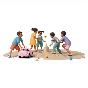 A playground filled with vibrant colors, featuring children of diverse backgrounds playing together. A group of boys and girls, wearing bright clothing, are happily engaged in various activities. One boy, wearing a blue t-shirt and red shorts, is pushing a pink toy car along a sandy area. A girl in a yellow dress is throwing a frisbee to a friend wearing green overalls, who is ready to catch it. Nearby, another girl with pigtails, dressed in a purple shirt, is building a sandcastle with a boy in a striped shirt. Toys and games are scattered around, creating a lively atmosphere of sharing and friendship.