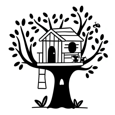 A charming wooden treehouse perched among the branches of a large tree. The treehouse features a rustic design with wooden planks and a small balcony. Lush green leaves surround the structure, creating a natural canopy. A rope ladder dangles down from the entrance, leading to the ground below. The scene is complemented by a few playful squirrels climbing nearby branches.