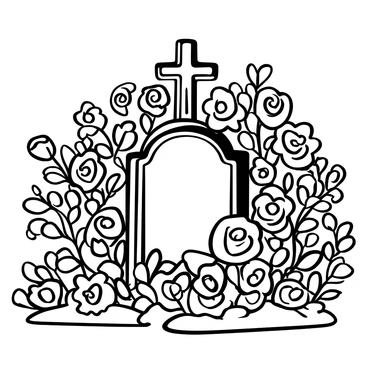 A grave surrounded by an overgrown patch of roses, with numerous rose bushes in full bloom. The roses have various shapes and sizes, some climbing over the gravestone and others spilling onto the ground. The gravestone is weathered and adorned with intricate carvings, partially concealed by the greenery. The scene is filled with an abundance of leaves and petals, creating a dense, natural framing around the grave. The overall composition highlights the contrast between the solemnity of the grave and the wild beauty of the roses.