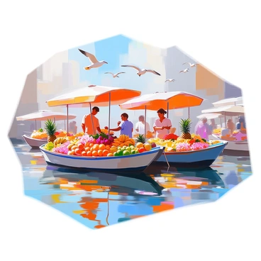 A floating market in a harbor with boats selling fruits and flowers