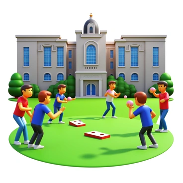 A group of students engaged in a game of cornhole on a grassy college campus. The players are focused on tossing bags towards the cornhole boards, with expressions of concentration and excitement. Surrounding them are historic buildings, showcasing classic architecture with large, arched windows and stone facades. Some students are cheering, while others are preparing their throws. The sun casts soft shadows on the grass, and there are a few scattered trees in the background, adding to the vibrant scene.