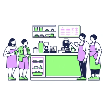 A busy cafe takeaway counter with people in line ordering their drinks to go