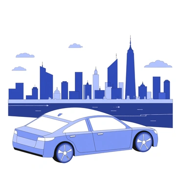 A car parked at a viewpoint overlooking a sprawling city skyline at dusk
