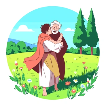In a vibrant field filled with green grass swaying gently in the breeze, a man wearing a simple tunic embraces his father with open arms, their expressions filled with joy and relief. The father, with a kind face and graying hair, is dressed in a long robe that flows around him. Sunlight bathes the two figures, highlighting their features against the backdrop of wildflowers in various colors scattered across the field. The sky is a brilliant blue, dotted with a few fluffy white clouds. Nearby, there are tall trees framing the scene, adding depth and serenity to the moment of their reunion.