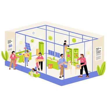An educational center with a large glass entrance. Inside, there are colorful displays showcasing various aspects of sustainability including recycling bins, solar panels, and vertical gardens. Interactive activities are spread throughout the center, such as a hands-on composting station and a small water conservation exhibit. Children are engaged with educational materials, some sitting at tables while others explore the displays. The walls are adorned with posters featuring quotes about environmental awareness and illustrations of nature.