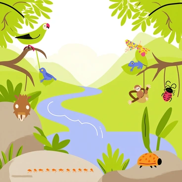 A lush rainforest scene filled with various animals and insects creating a symphony of sounds. A vibrant green parrot with a bright red beak sits on a branch, perched above a small blue tree frog resting on a leaf. Nearby, a brown monkey swings through the trees, while a colorful butterfly flutters around. On the forest floor, a line of tiny ants marches along, and a large beetle crawls over a mossy rock. In the background, a flowing river adds to the atmosphere with the sound of water gently splashing against the stones.