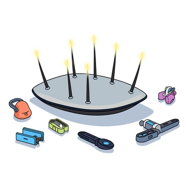 A sleek, futuristic device with a metallic surface and smooth curves. The device features several long, slender cilia that resemble antennae, extending from its top. Each cilium has a bright, glowing tip that emits a soft light, illuminating the surrounding area. The device is positioned on a shiny, reflective surface, enhancing its high-tech appearance. Surrounding the device are various small, futuristic gadgets and tools, each with intricate designs and vibrant colors, creating a lively, advanced technological environment.