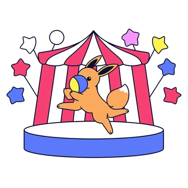 An Eevee standing on a small circus stage. The Eevee is balancing on its hind legs while holding a colorful ball on its nose. Surrounding the stage are bright, colorful lights illuminating the scene in various shades of red, blue, and yellow. The stage is adorned with a red and white striped curtain in the background, enhancing the circus atmosphere. The ground of the stage is decorated with a simple patterned carpet.