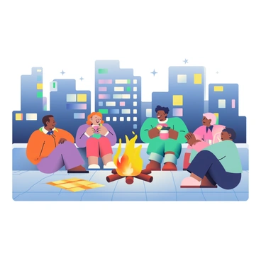 A small bonfire is burning on a rooftop in the city, creating a warm glow in the evening. Surrounding the bonfire are a group of people, some sitting on the ground and others leaning against a low wall. They are laughing and chatting, enjoying the ambiance. In the background, the city skyline is visible, with tall buildings and colorful lights illuminating the night sky. There are a few blankets spread on the rooftop, and a couple of people are holding cups, sipping warm beverages. The atmosphere is lively, and the stars are beginning to appear in the darkening sky.